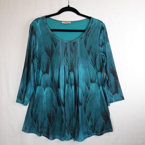 Timeson Tunic Blouse Womens Large Teal Turquoise Peacock Feathers Leaves Lined